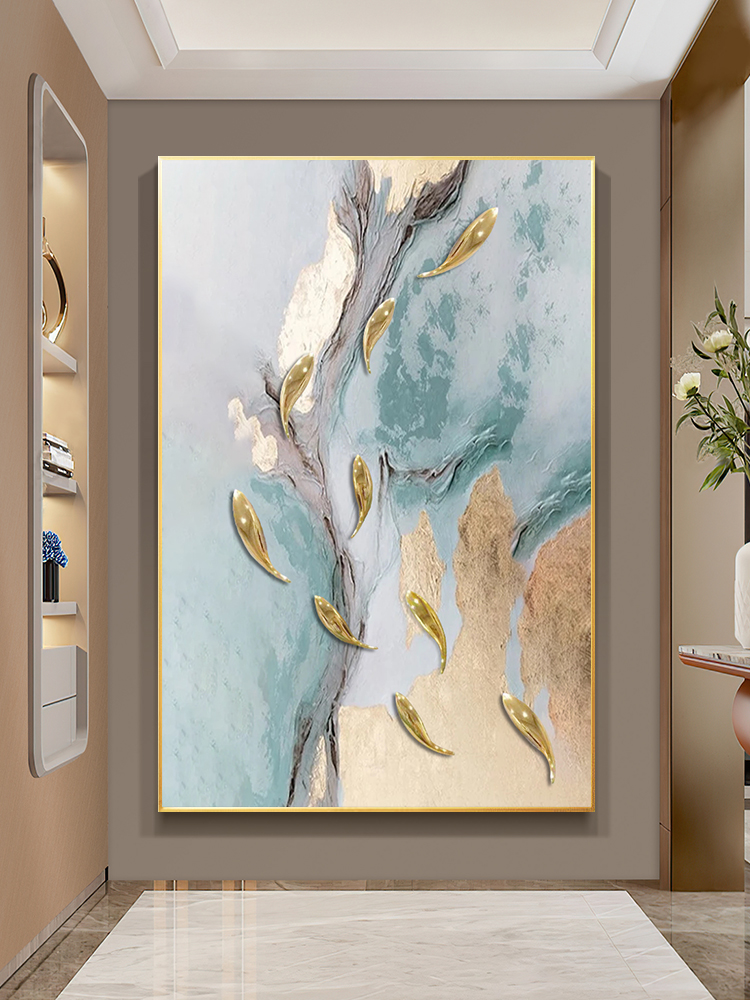 九鱼图手绘油画挂画客厅玄关装饰3D立体实物装饰抽象金箔轻奢北欧走廊挂 