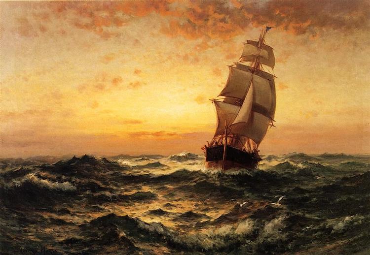 海上的船，日落爱德华莫兰大海帆船油画_世界名画前500幅_世界名画