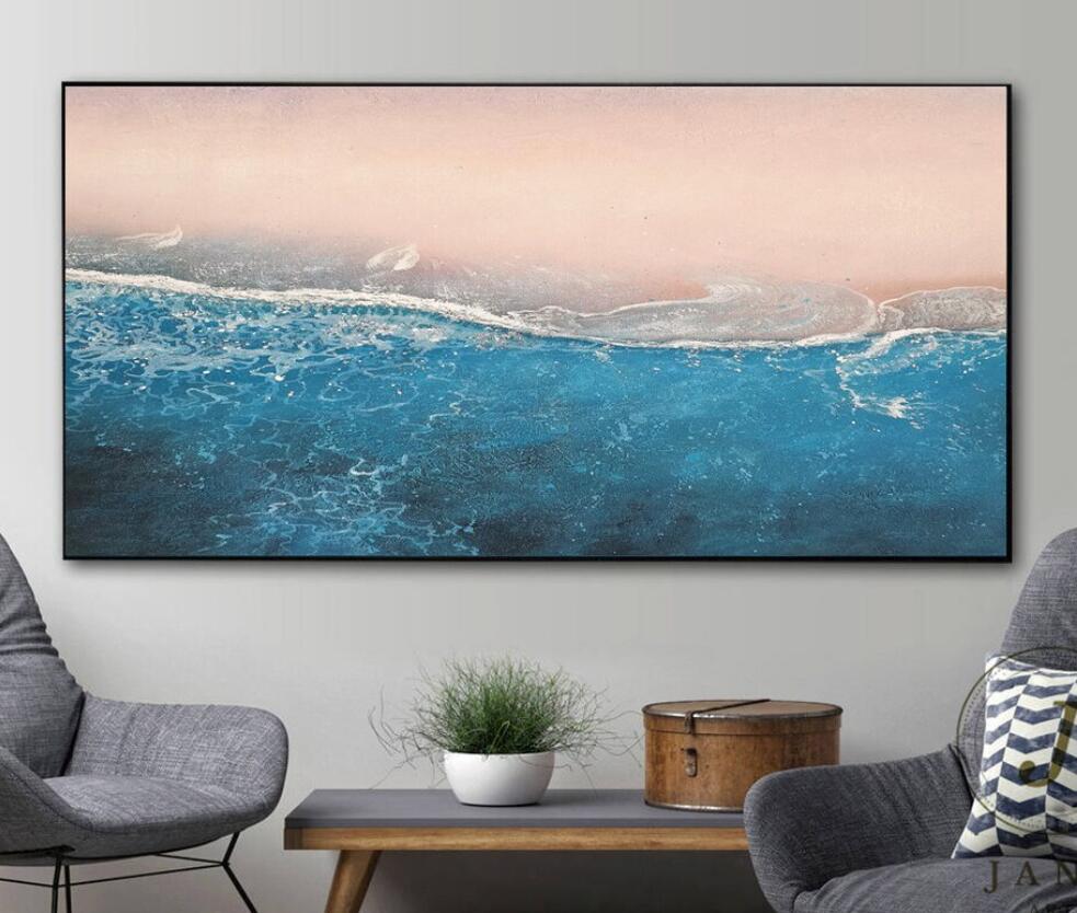 抽象油画大芬村大蓝色海洋抽象画原创粉红色海滩油画海景抽象_海景 