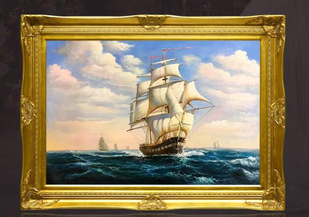大海帆船油画一帆风顺欧式横版风景手绘油画_海景，帆船油画_风景