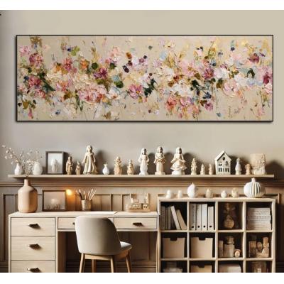 大型全景金箔花卉纹理墙画粉色花卉油画客厅墙面装饰画，现代抽象...