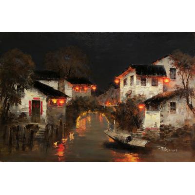 中国水乡夜景画、红灯笼油画、江南山水艺术