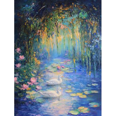 大芬油画村 手绘印象派油画 荷塘白鸭睡莲装饰画 垂柳水景挂画 客厅卧室壁挂 定制尺寸