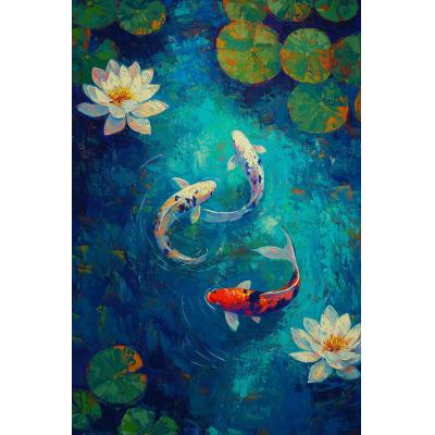 大芬油画村 手绘油画 锦鲤荷塘装饰画 白莲墨鲤水景挂画 客厅书房玄关壁挂 定制尺寸