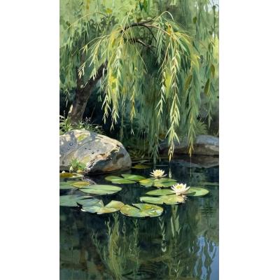 大芬油画村手绘油画 垂柳睡莲池塘 新中式清新水景竖版装饰画