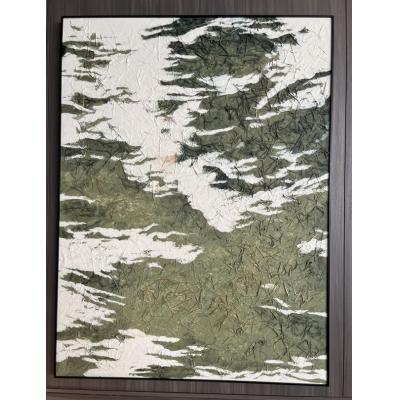 大芬油画村工作室手绘肌理油画 森系绿白抽象水面光影装饰画 现代玄关竖版挂画