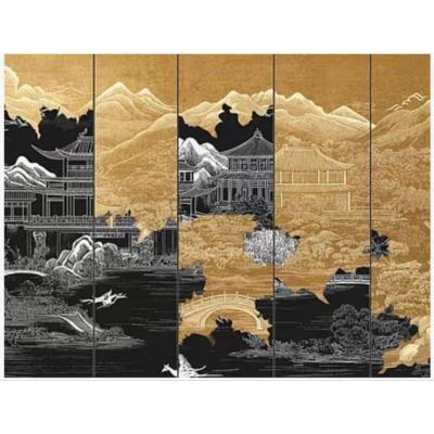 大芬手绘金箔山水楼阁五联屏 新中式茶室会所背景油画