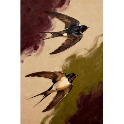 复古肌理双飞燕手绘油画 中古风燕子玄关装饰画