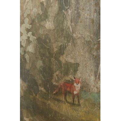 复古做旧森林红狐手绘油画 中古风动物装饰挂画