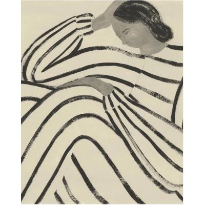 大芬工作室纯手绘油画 抽象线条沉思女子 侘寂风卧室软装挂画 小众艺术人物画