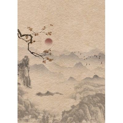 大芬油画村手绘 新中式梅花山水落日油画 玄关竖版禅意水墨装饰画