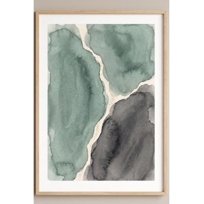 大芬油画村工作室纯手绘油画 侘寂水墨河流抽象挂画 绿灰鎏金肌理客厅玄关装饰画