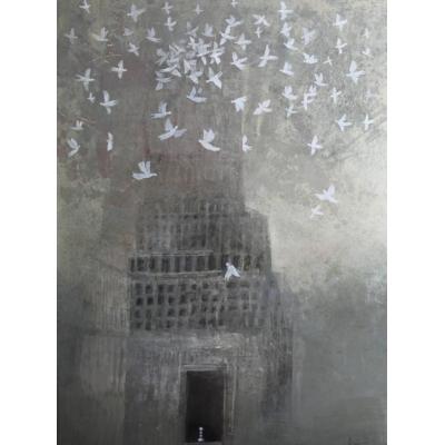 大芬油画村工作室手绘油画 复古古堡白鸽抽象画 侘寂灰调玄关客厅氛围感装饰画