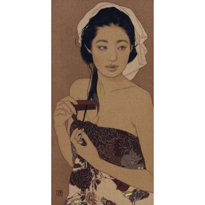大芬油画村 池永康晟美人画 梳发女子 日式工笔人物油画 玄关茶室装饰画