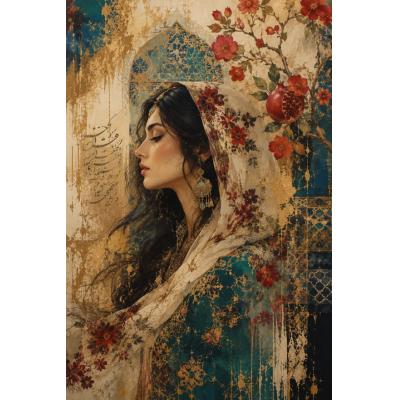 大芬手绘油画｜波斯异域石榴花少女 复古金箔肌理人物玄关挂画