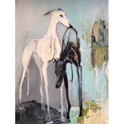 大芬油画村手绘肌理油画 黑白灵缇犬抽象动物画 侘寂风玄关竖版装饰画