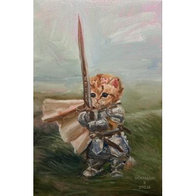 大芬手绘油画 铠甲骑士小猫 持剑披风萌猫奇幻小众装饰画